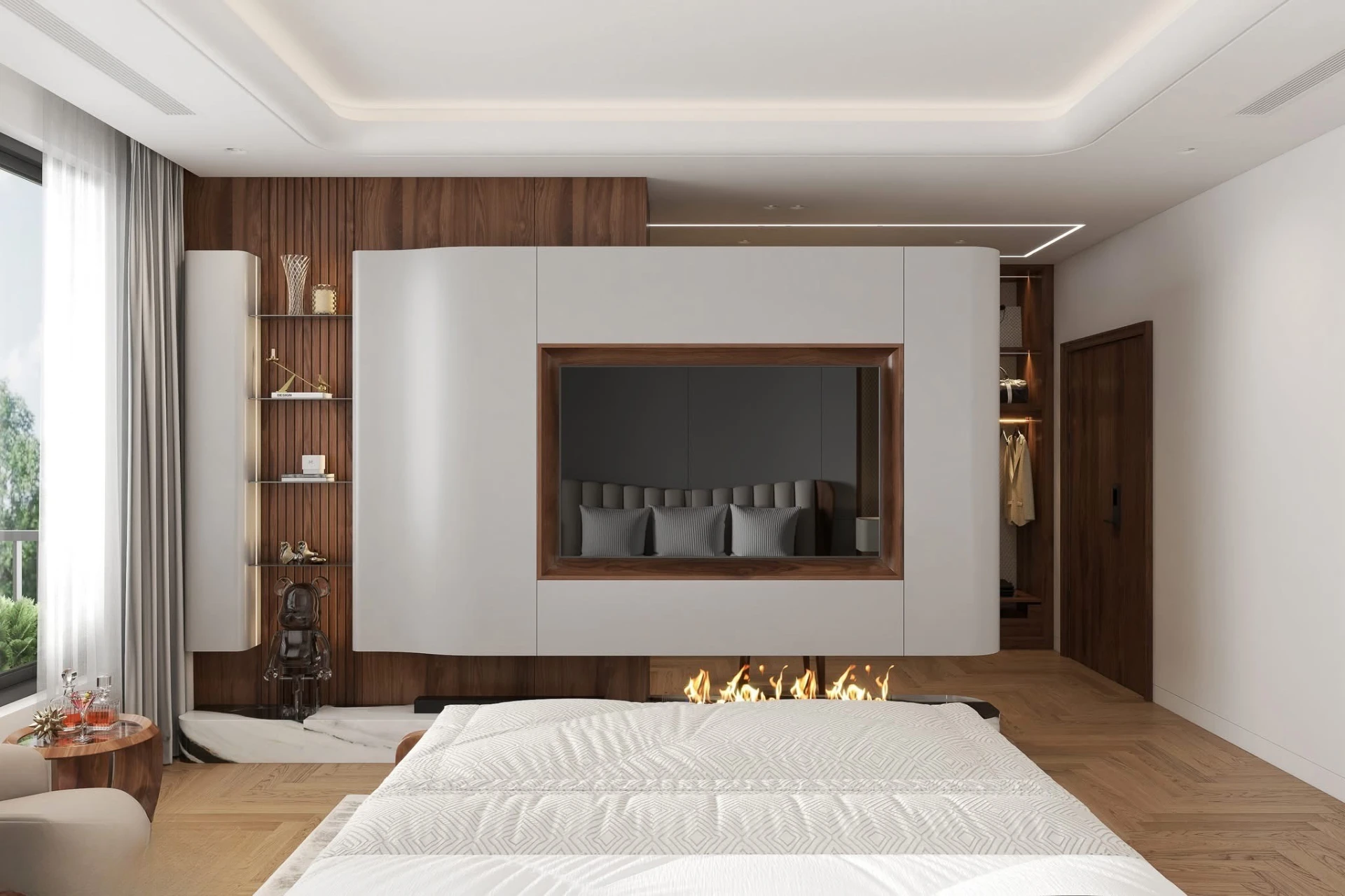 Master bedroom view toward the media wall with floating TV panel, linear fireplace and wood slats
