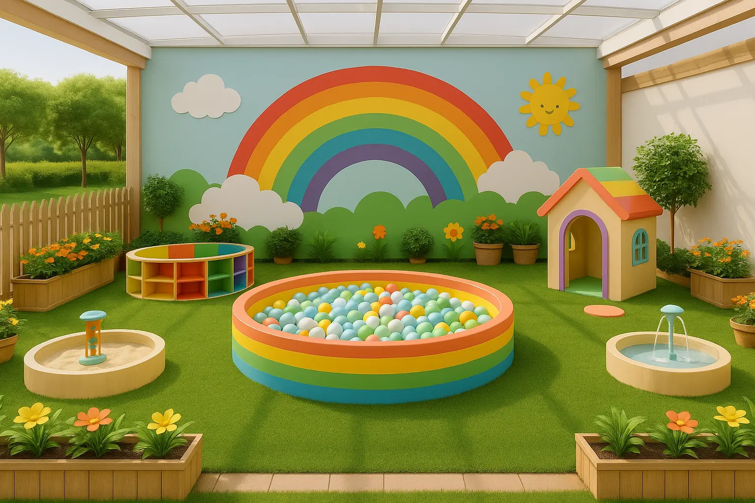 Indoor play court with a ball pit, sand pit, playhouse and rainbow mural