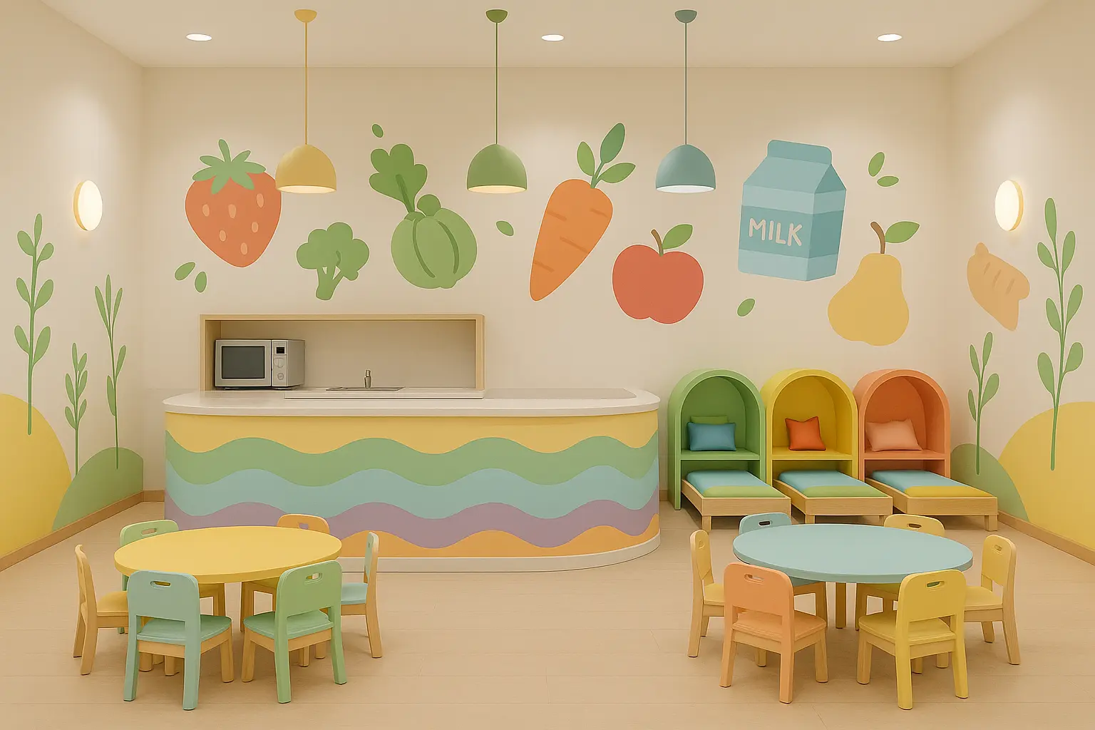 Pantry counter with wave frontage, fruit murals and reading nooks