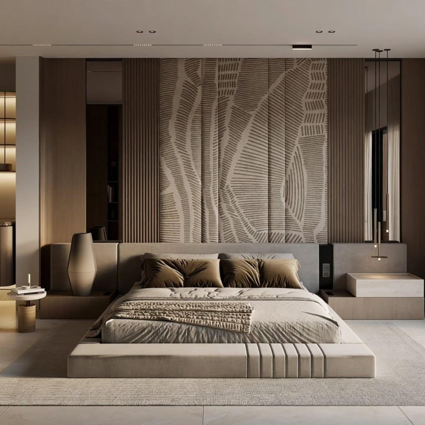 Master bedroom with a textured relief headboard wall and fluted timber panelling