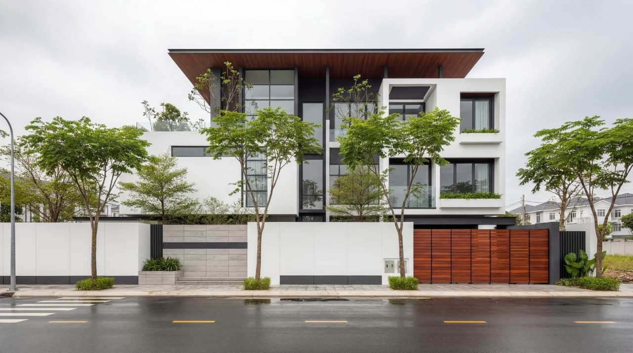 Street elevation with deep timber-soffit roof, white volumes and planted balconies