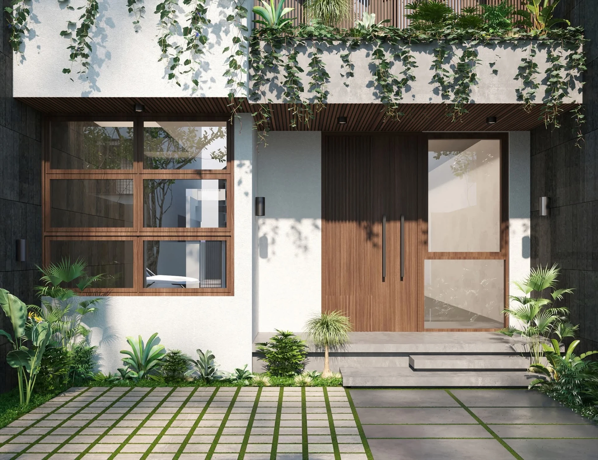 Entrance court with teak double door and creeper-clad overhang