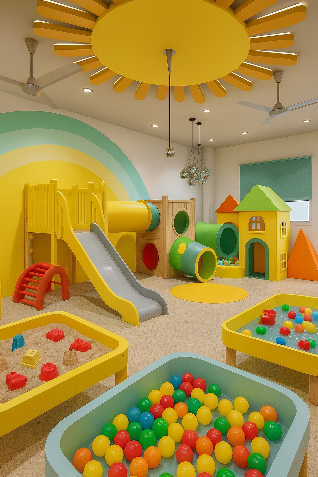 Playroom with a sun ceiling feature, slide, tunnels, sand pit and ball pool