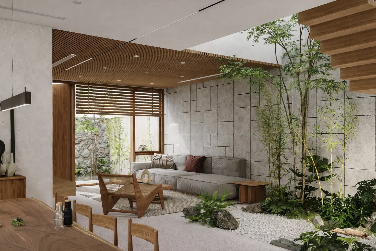 Living room opening onto a planted internal courtyard