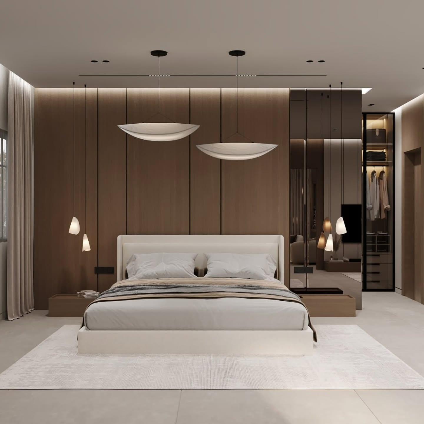 Bedroom with walnut panelling, shell pendants and a bronze mirrored wardrobe