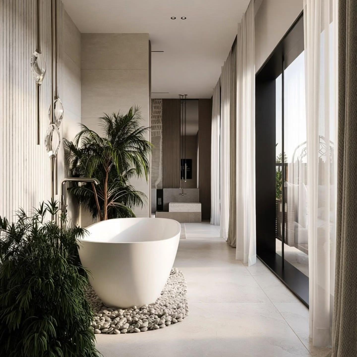 Bath corridor with planting, brass fittings and sheer curtained glazing