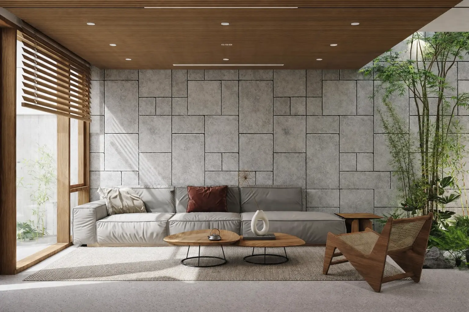Lounge against a jointed stone feature wall