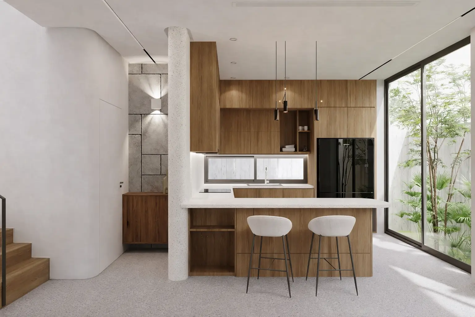 Kitchen with terrazzo counter and full-height glazing