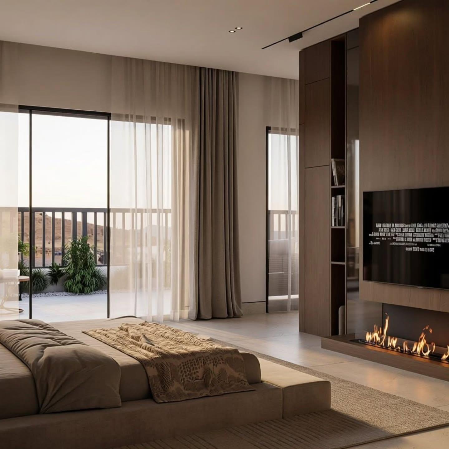 Bedroom with linear fireplace, oak media wall and views to the terrace