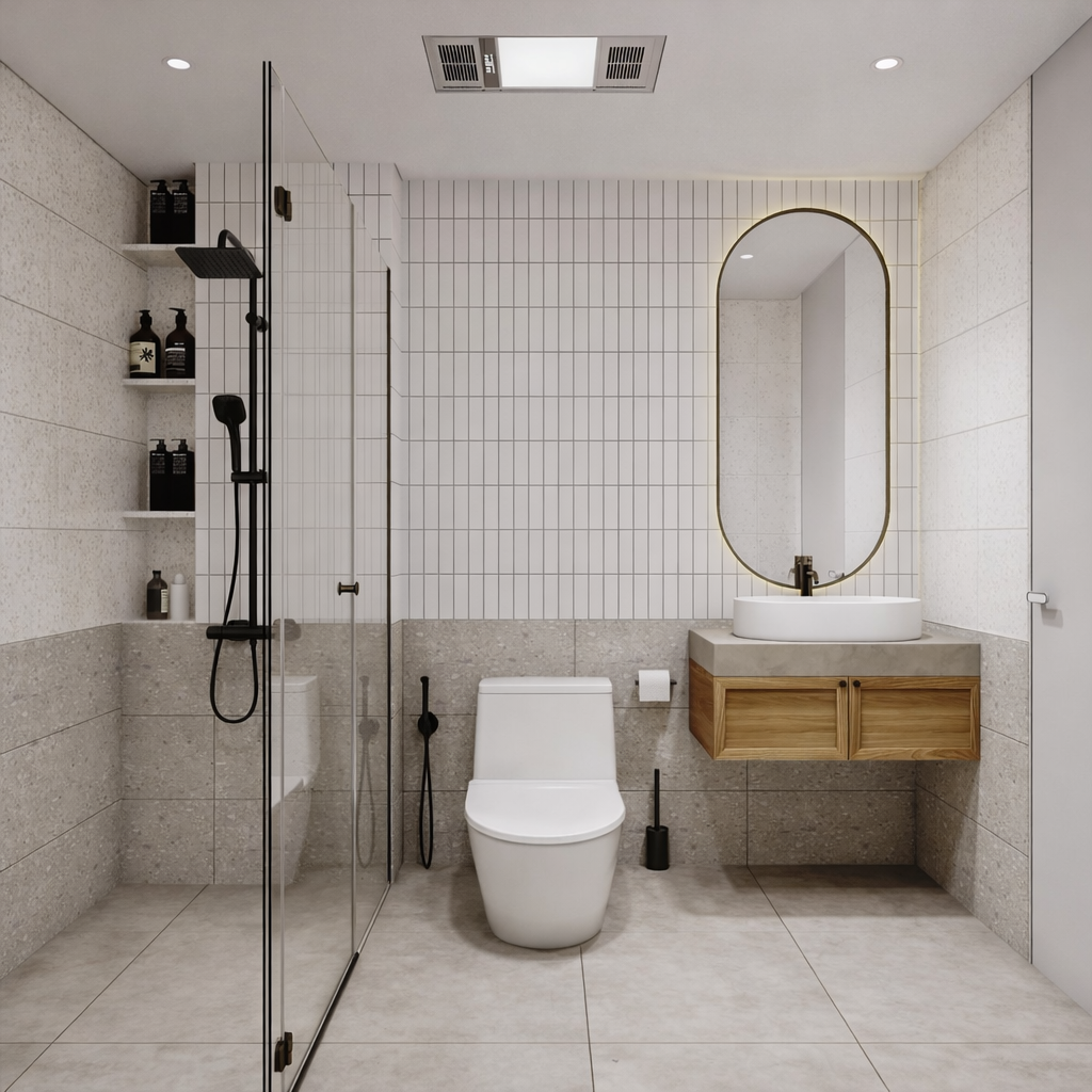 Bathroom in terrazzo tile with a brass-framed mirror