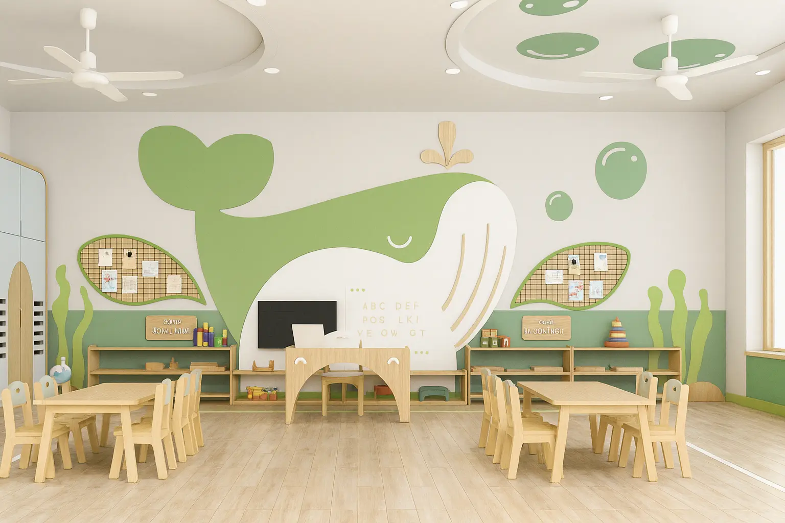 Classroom with a whale mural, display pinboards and light timber furniture