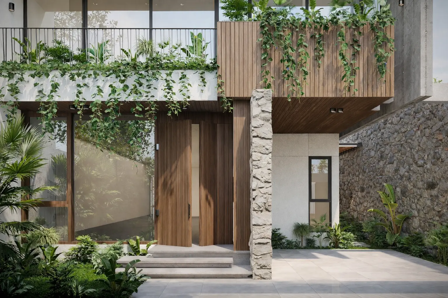 Entrance court with pivoting teak door and rubble stone wall